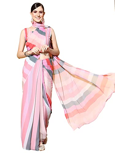 Image of AKHILAM Women's Striped Georgette Digital Print Saree With Unstitched Blouse Piece (10STRP1001 Parent)