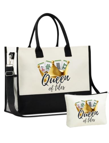 Image of InnoBeta Mahjong Gifts for Women, Mahjong Canvas Tote Bag with Zipper Closure & Shoulder Strap, Mahjongg Gifts for Birthday