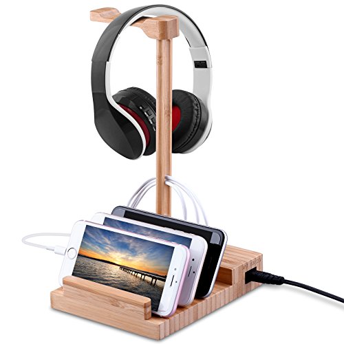 M.Way Estación de Carga USB, Soporte para Móvil Auriculares 3 USB 5V 3A Puerto de Carga del Teléfono Móvil con Soporte para Auriculares, Bambú Soporte para Tableta, iPhone, Reloj de Apple, Teléfono