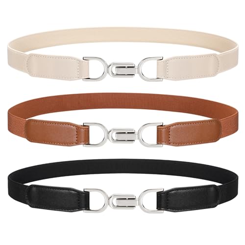 LEACOOLKEY 3 Pack Women's Stretchy Waist Belts Retro Ladies Alloy Buckle Elastic Belt for Dresses