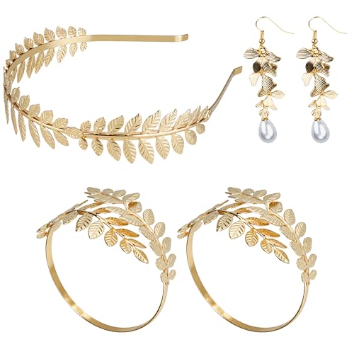 GLITZJOY 5PCS Greek Goddess Costume Accessories Set Gold Headband Laurel Wreath Headpiece with Armband and Earrings Toga Costume Woman Leaf Crown for Wedding Halloween Roman Toga Party