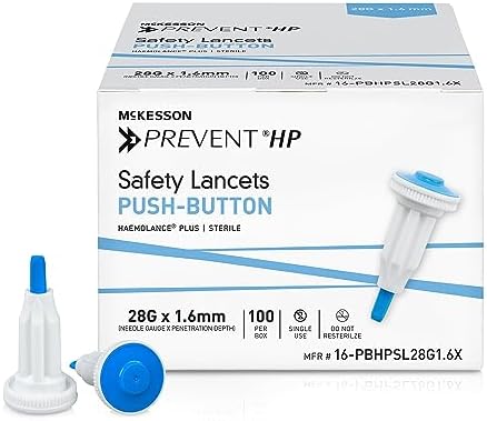 McKesson Prevent HP Safety Lancet, Retractable, Pressure-Activated Finger Device, Sterile – Ideal for Blood Testing – Single Use, 28 Gauge, 1.6 mm Depth, 100 Count, 1 Pack