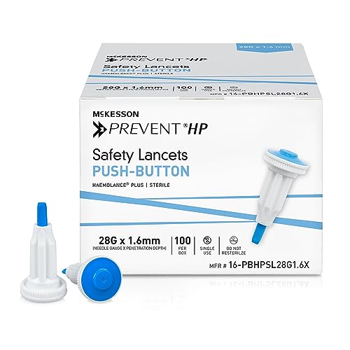 McKesson Prevent HP Sterile Push Button Safety Lancets 28G x 1.6 mm Depth [100 Count] - Auto Retracting Blood Glucose Testing Lancets Single Use Blue