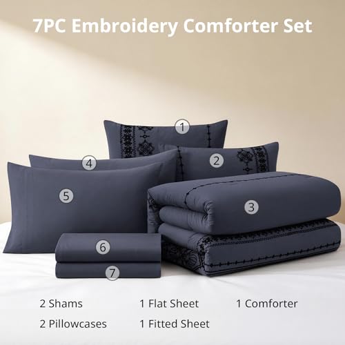 Image of MaiReve Queen Comforter Set Embroidery Floral 7 Pieces Bed in a Bag