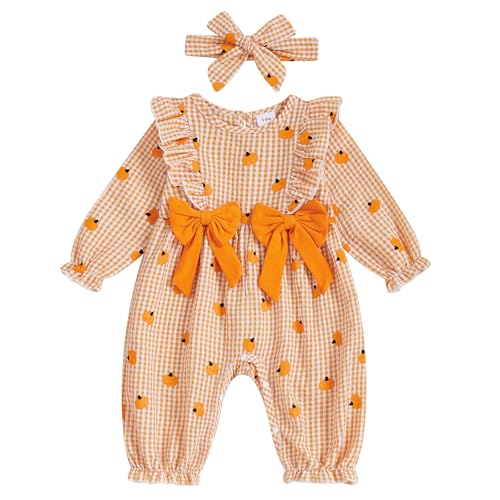 Newborn Baby Girl Halloween Outfit Doll Collar Pumpkin Jumpsuit Romper Ruffle Sleeve Bodysuit Long Overalls with Bow