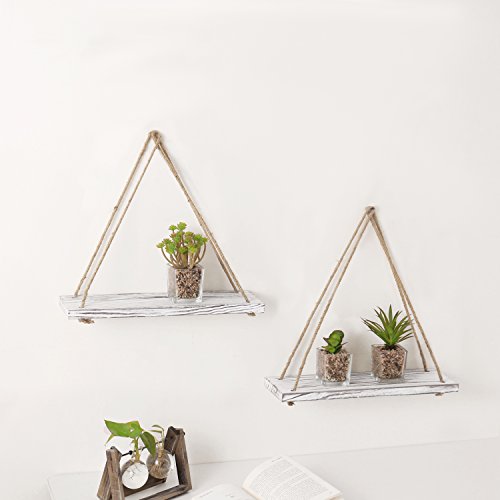 Mygift 17-Inch Whitewashed Wood Hanging Swing Rope Floating Shelves - Farmhouse Rustic Triangle Wall Plant Shelf, Set Of 2 #TOP2