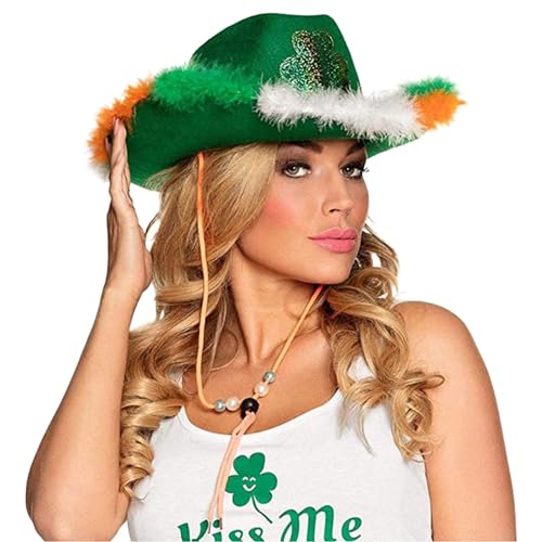Chapeau Saint Patrick Femme, St Patrick Cowboy Occidental de Personnalité de Plume Irlandaise Chapeau de Cowboy Accessoires de Costume Irlandais Verts de...