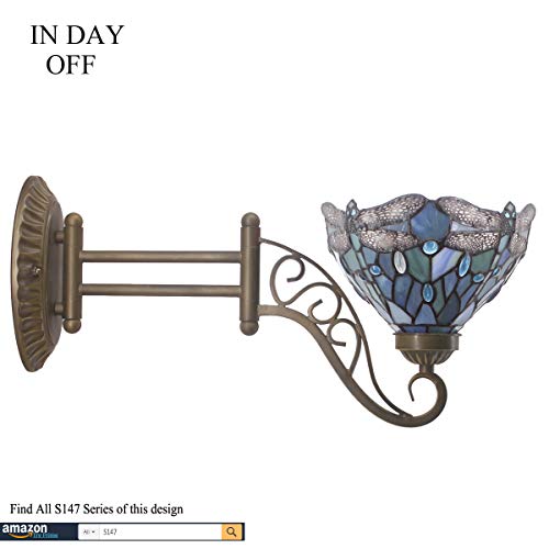 Werfactory Tiffany Wall Sconce Lamp W8L19 Inch Swing Arm Up Down Light Sea Blue Stained Glass Dragonfly Shade S147 Living Room Bedroom Office Study Antique Metal (Sea Blue Dragonfly) #TOP7