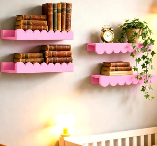 4pcs Nursery Book Shelves Floating Scalloped Wall Book Shelves,Scalloped Nursery Shelvess For Wall,Floating Bookshelves,Modern Wavy Wall Shelf, Montessori Style Picture Ledge For Nursery Pink, 16 "