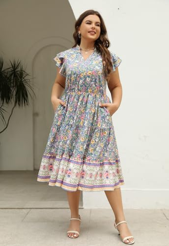 Image of Keluummi Plus Size Midi Dress for Curvy Women Wedding Guest Summer Floral Empire Waist Short Sleeve with Pockets