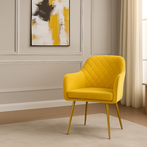 Image of Barfi Velvet Dining Chair | Premium Modern Upholstered Accent Chair with Armrest, Padded Seat and Metal Legs | Comfy Chair for Home, Office & Restaurents (Yellow)