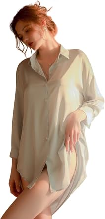 ALCEA ROSEA Satin Nightgowns for Women Sleep Shirt Long Sleeve Silky Sleepwear Sleepshirt V-Neck Nightshirts