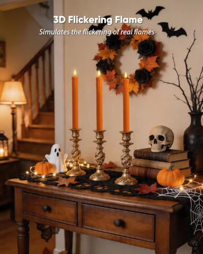 Image of Homemory Orange Flameless Taper Candles with Remote Timer, 9.6 Inch Real Wax Battery Operated Candlesticks, Flickering Warmer Light Led Tapered Candle 2 Pack for Halloween Home Decor