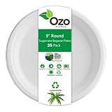 Disposable Eco-Conscious Sugarcane Plates by Ozo, Recyclable and Compostable Round Plates, Natural and Biodegradable Dinnerware for Parties and Weddings, Microwave and Oven Safe, 25 Pack, 9” Plates