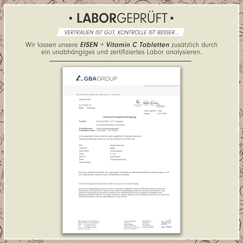 Eisentabletten hochdosiert 365x mit 20 mg Eisen + Vitamin C (20mg) aus Hagebutten - bioverfügbares Eisenbisglycinat + natürliches Vitamin C aus Hagebutten-Extrakt - laborgeprüft mit Zertifikat