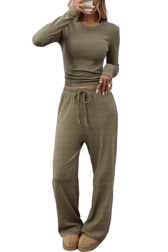 CHYRII Women Pajamas Sets Vacation 2 Piece Outfit Cotton Tops Wide Leg Pants Fall Fashion 2025 Clothes Coffee + Yellow M