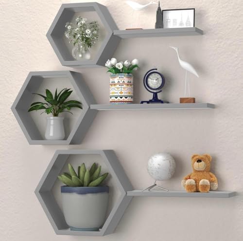 Image of Hexagon Wall Shelves Set of 6 | Wooden Floating Wall Shelf for Home Decor | Honeycomb Design Wall Rack for Living Room, Bedroom & Office (Grey)
