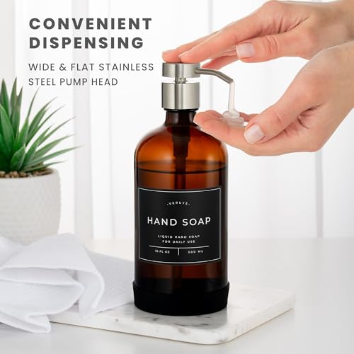 Image of Hand and Dish Soap Dispenser for Kitchen and Bathroom, Set of 2 16 Oz Glass Bottles, Stainless Steel Pumps, Non-Slip Silicone Base, 27 Waterproof Labels (Amber Bottle /Brushed Silver Pump)