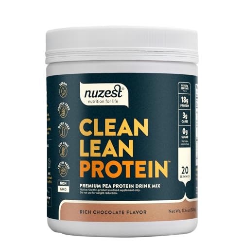 Nuzest - Pea Protein Powder - Clean Lean Protein, Premium Vegan Plant Based Protein Powder, Dairy Free, Gluten Free, GMO Free, Protein Shake, Rich Chocolate, 20 Servings, 18g Protein 1.1 lb