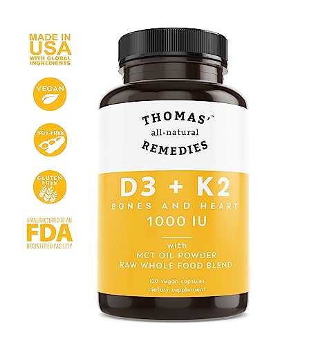 Thomas' All-Natural Remedies D3 + K2 With Mct Oil For Better Absorption & Raw Whole Food Blend, 1000 Iu D3, Vegan, Made In Usa, Support For Your Heart, Bones & Teeth, Non-Gmo (120Ct) #TOP2