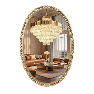 24×36 Inch Oval Wall Mirror with Antique Gold Beaded Frame, Vertical or Horizontal Hanging Vanity Mirror for Bathroom, Powder Room or Bedroom, Decorative Oval Mirror Wall Decor