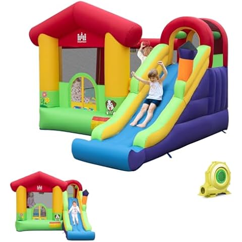 BOUNTECH Inflatable Bounce House, Bouncy House for Kids 5-12 Indoor Outdoor Fun with Long Slide, 735w Blower, Climbing Wall, Portable Toddler Bounce House for Backyard Birthday Party Gift Cover