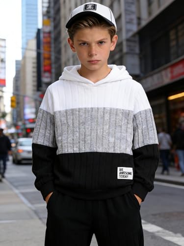Image of 5-11Y Boys Clothes Long Sleeve Hooded Pullover Colorblock Sweatshirt + Pants 2pcs Fall Winter Outfit Set