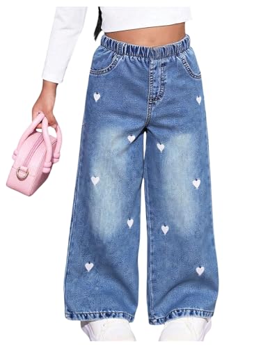 OYOANGLE Toddler Girls's Heart Embroidery Wide Leg Jeans Elastic Waist Y2K Baggy Denim Pants with Pockets Medium Wash 5Y