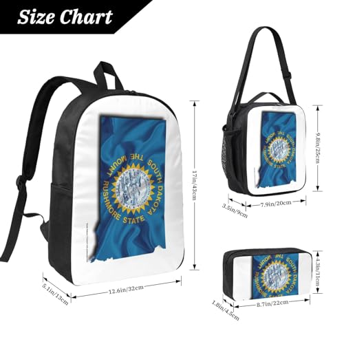 South Dakota Flag Map print Backpack Bookbag for Daily Use,3 Pcs Backpack Set with Lunch Box and Pencil Case4