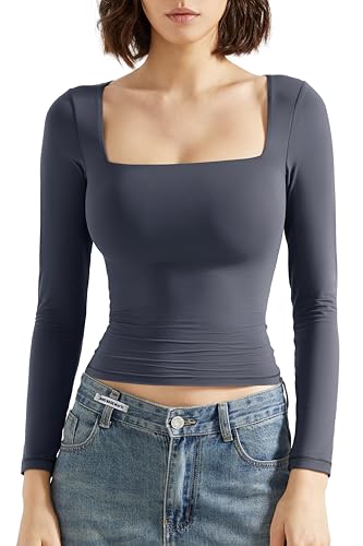 SUUKSESS Women Square Neck Long Sleeve Tops Double Lined Going Out Basic Full Length T Shirts (Ash,XS)