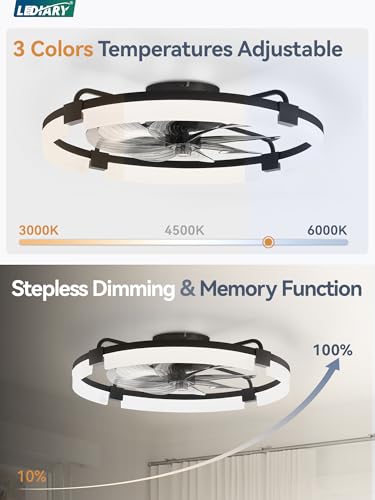 Image of LEDIARY 24 inch Ceiling Fans with Lights and Remote, Modern Low Profile Ceiling Fan, 3 CCT, Stepless Dimmable, Fandelier Flush Mount Fan Light, 6 Speeds, DC Motor, App & Remote Control for Bedroom(Black)