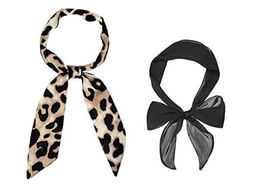 Allegra K 2Pcs Women Skinny Scarf Leopard/Solid Color Hairband Long Neckerchief Neck Scarf