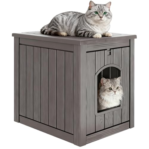 WTFGO Cat Litter Box Enclosure, Waterproof & Weatherproof Cat Box Enclosure for Indoor & Outdoor Use, Plastic Hidden Litter Box Side Table with Openable Front Door, Gray