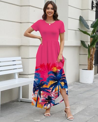 Image of COSSEN Women's Crew Neck Short Sleeve Maxi Dress with Pockets Casual Loose Swing for Wedding Guest Beach Vacation