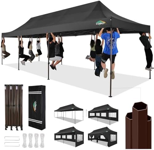 COBIZI Heavy Duty 10x30 pop up Canopy, Commercial10x30 Party Tent for Parties Waterproof Gazebos with 8 Sidewalls, All Season Wind & Waterproof UPF50+,Stable Thickened Frame, Black