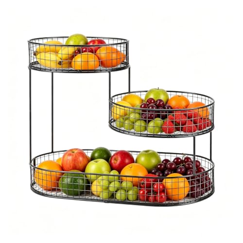 Image of BREEZENEST Metal Fruit Basket 3 Tier Wire Fruit Bowl Stand Space Saving Vertical Storage Rack for Kitchen Counter Heavy Duty Vegetable Holder for Onions Potatoes Bread Snacks Home Décor Black
