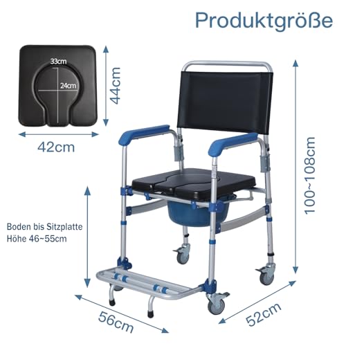 bimiti Toilettenstuhl mit Rollen bis 150kg Duschrollstuhl Wasserdichter Toilettenstuhl Fahrbar Nursing Chair für Senioren, Kranke, Behinderte und Schwangere