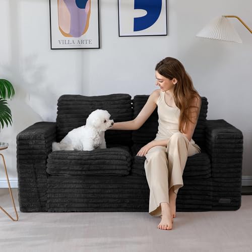 Image of MAXYOYO Loveseat Sofa Couch, Upholstered Bean Bag Chair Cloud Seat for Adults, Boneless Couch with Cushion & Pillows, Sofa in A Box, No Assembly Required, Faux Fur Black