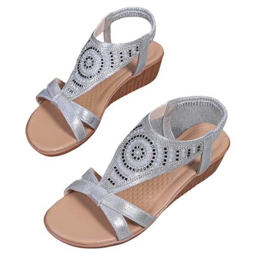 hotter sandals for womens Slip on Sandals for Women Uk Open Toe Walking Slide Lightweight Arch Support Wide Fit Comfortable Casual Flat/chunky orthopedic shoes women Silver 6