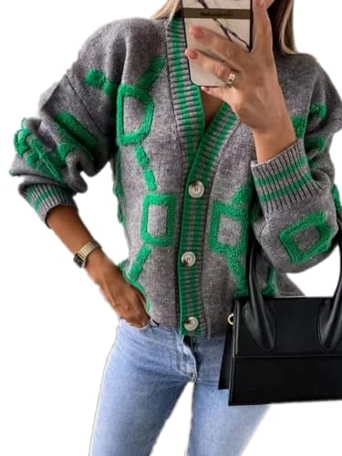 Image of Autumn Winter Style Woman Blouse Knitted Cardigan Slim Fitting Long Sleeved V-Neck Printed Cardigan Jacket Sweater