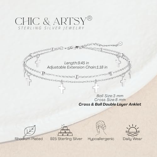 Image of CHIC & ARTSY 925 Sterling Silver Ankle Bracelets for Women, Dainty Adjustable Layered Foot Chains with Symbolic Charms, Boho Beach Everyday Lightweight Jewelry