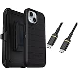 OtterBox iPhone 15 (Only) Bundle: - Defender Series Case - Black - Holster Clip Included - Microbial Defense Protection - USB-C to USB-C Cable - Non-Retail Packaging