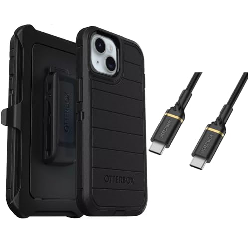 OtterBox iPhone 15 (Only) Bundle: - Defender Series Case - Black - Holster Clip Included - Microbial Defense Protection - USB-C to USB-C Cable - Non-Retail Packaging