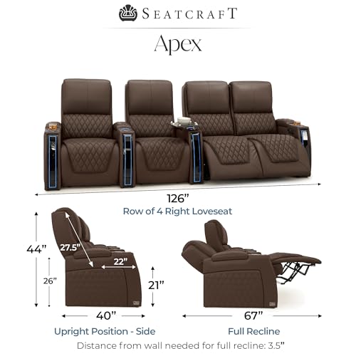 Image of Seatcraft Apex Brown Italian Leather Home Theater Seating, Zero Gravity Power Recliner Chair, Powered Headrest and Lumbar Gaming and Lounge Sofa Furniture for Cinema Room, Row of 4 Right Loveseats