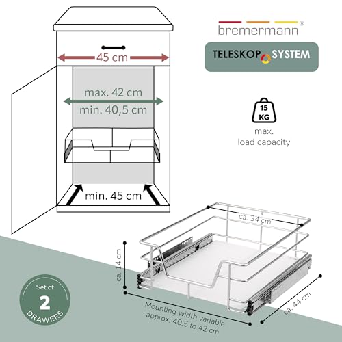 Bremermann Set Di 2 Cassetti Telescopici - 45 Cm Con Ripiano, Cassetto Da Cucina Per Installazione Successiva, Estrazione Completa Con Guide Telescopiche, Ideale Per Cucina, Bagno E Camera Da Letto - 3
