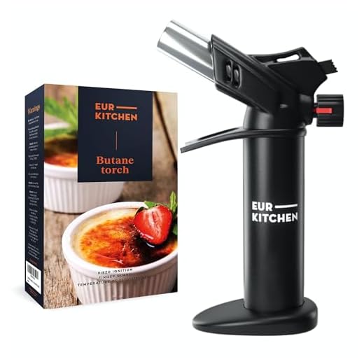 EurKitchen Butane Culinary Kitchen Torch - Butane Fuel Not Included - Refillable Food Blow Torch for Creme Brulee and To Perfectly Sear Steak, Fish - Kitchen Lighter Tool for Cooking with Finger Guard
