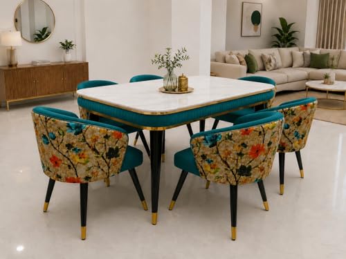 Image of WOODEN SPACE 6-Seater Wooden Dining Table Set | Nano Composite Marble Top | Solid Wood Base | Modern Dining Room Furniture with 6 Chairs (Printed Sea Blue)