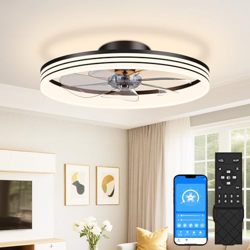 VOLISUN Low Profile Ceiling Fans with Lights and Remote, No Assembly, 20in Flush Mount Ceiling Fan with Light, 3000K-6500K Dimmable Fandelier LED Fan Light, White Bladeless Ceiling Fans for Bedroom - image 1