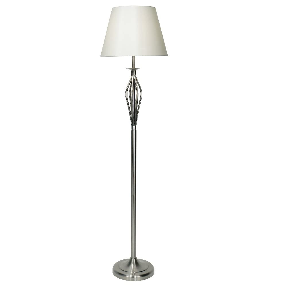 Britalia Satin Chrome Vintage Open Metalwork Floor Lamp with Cream Faux Silk Tapered Drum Shade | 160cm Height | 1 x ES E27 Lamp Bulb Required | UK Approved | On Off Foot Switch