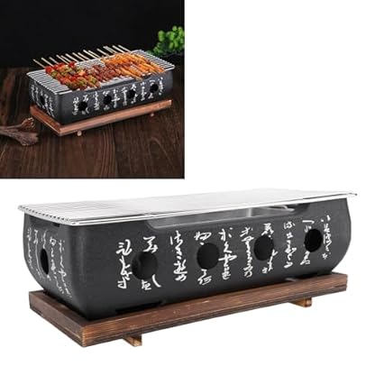Tissting Japanischer BBQ Grill, 36x18x13cm Mini Holzkohle Tischgrill mit Gitter und Holzbasis, Rechteckig Tragbarer Japanisch Holzkohleofen Campingkocher für Yakiniku, Takoyaki, Aal Teriyaki – Bild 5